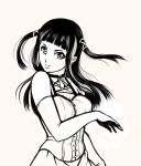  black_hair breasts corset drawfag elbow_gloves gloves hair_flip hair_ribbon long_hair monochrome ribbon rosario+vampire solo toujou_ruby twintails 