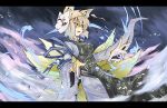  animal_ears blonde_hair fingernails fox_ears fox_mask fox_tail irue letterboxed mask multiple_tails open_mouth ribbon short_hair solo tail touhou yakumo_ran yellow_eyes 