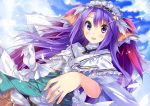  bracelet capelet clouds cloudy_sky dress gloves hair_ornament hairclip headdress highres jewelry kuwashima_rein long_hair purple_eyes purple_hair ring rune_factory rune_factory_3 single_glove sofia_jalapeno_viviage solo violet_eyes white_gloves 