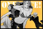  1girl 2girls bikini_top breasts cleavage formal glasses hair_over_one_eye heart hips large_breasts legs long_hair looking_at_viewer monochrome multiple_girls nami navel necktie nico_robin o3o one_piece open_mouth orange_background pants sanji short_hair sideboob sitting skirt smile standing suit sunglasses tattoo title_drop tongue xla009 