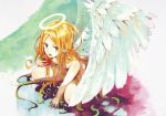  angel angel_wings apple blonde_hair censor_hair food fruit halo hrd long_hair nude original purple_eyes solo squatting very_long_hair violet_eyes wings 