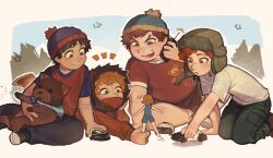  4boys beanie black_hair blonde_hair brown_hair child converse dabi_bill dog doll eric_cartman hat highres holding holding_doll kenny_mccormick kyle_broflovski male_focus multiple_boys red_hair shirt short_sleeves south_park stan_marsh t-shirt toy_car 