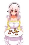  absurdres apron breasts chocolate chocolate_heart food frills headphones heart highres large_breasts long_hair looking_at_viewer nitroplus open_mouth pink_hair red_eyes sonico super_sonico tsuji_santa 