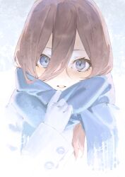  1girl blue_eyes blue_scarf brown_hair gloves go-toubun_no_hanayome hair_between_eyes long_hair long_hair_between_eyes long_sleeves looking_at_viewer mi8pq nakano_miku parted_lips portrait scarf solo white_gloves 