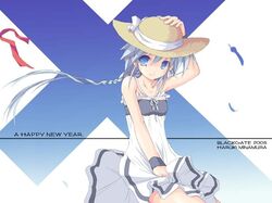  blue_eyes blue_hair hat minamura_haruki new_year original ribbon smile solo 