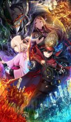  1boy 3girls ahoge architecture armor army banner battle_standard belt black_belt black_bow black_gloves black_hair black_hat black_jacket black_kimono black_pants black_sash blonde_hair blue_fire blue_flower blue_spider_lily bow brown_eyes brown_hair burning buttons cape chacha_(fate) chain command_spell commentary covered_face diffraction_spikes double-breasted drawing_sword east_asian_architecture eye_trail fate/grand_order fate_(series) fire floating_hair flower full_moon fur-trimmed_gloves fur_trim glint gloves glowing glowing_eyes grin hair_between_eyes hair_bow hairband half_updo hat helmet holding holding_sword holding_weapon jacket japanese_armor japanese_clothes k-suwabe katana kimono light_trail long_hair long_sleeves looking_at_viewer looking_to_the_side moon multiple_girls obi oda_nobunaga_(fate) oda_nobunaga_(koha-ace) oda_uri official_art okita_souji_(fate) okita_souji_(koha-ace) pants parted_bangs parted_lips peaked_cap pink_kimono pink_sash red_cape red_eyes red_spider_lily samurai sash serious sheath sheathed shibata_katsuie_(fate) short_hair short_sleeves sidelocks smile spider_lily sword teeth third-party_source unsheathing war_banner weapon white_gloves wide_sleeves yellow_eyes yellow_hairband 