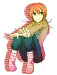 footwear gensi green_eyes inazuma_eleven inazuma_eleven_(series) inazuma_eleven_go kirino_ranmaru long_hair male outstretched_arms pink_hair shadow sitting smile socks solo striped striped_socks twintails 