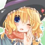  bad_id blonde_hair blue_eyes bow flying_sweatdrops hair_bow hat kirisame_marisa open_mouth perfect_cherry_blossom pikojirokurao polka_dot scarf solo star touhou waving wink witch witch_hat 