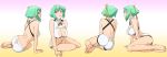  aquarion_evol arm_support ass back bare_shoulders barefoot between_thighs bikini breasts cleavage cleavage_cutout commentary dimples_of_venus feet green_hair hair_ribbon highres large_breasts legs long_image midriff navel purple_eyes ribbon short_hair shorts sitting solo swimsuit turnaround ueyama_michirou violet_eyes wide_image zessica_wong 