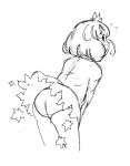  aki_shizuha ass blush dissolving_clothes from_behind kehukoete leaning_forward looking_at_viewer looking_back monochrome panties short_hair sketch solo torn_clothes touhou underwear wind_lift 
