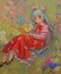  acrylic_paint_(medium) alternate_costume ama-tou blush bow flower fujiwara_no_mokou hair_bow hair_ribbon high_heels highres long_hair mary_janes red_eyes ribbon shoes silver_hair skirt solo touhou traditional_media very_long_hair 