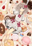  96tuki bad_id bare_legs barefoot blue_eyes blush bow cake candy chocolate cookie doughnut dress food food_on_face fork grey_hair hair_bow highres holding lollipop looking_at_viewer lying muffin on_back original pancake ribbon short_hair solo toes 