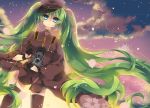  aqua_eyes camera ceru cloud gloves green_hair hat hatsune_miku long_hair medal necktie peaked_cap petals senbon-zakura_(vocaloid) sky solo thighhighs twintails very_long_hair vocaloid 