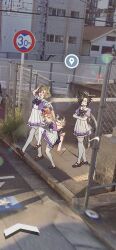  3girls absurdres agnes_digital_(umamusume) air_shakur_(umamusume) animal_ears black_hair blank_eyes bow bowtie breasts brown_hair brown_shoes crossed_arms hair_bow high_school_girls_posing_for_google_street_view_(meme) highres horse_ears horse_girl horse_tail index_finger_raised long_hair meme multiple_girls open_mouth photo_background pink_hair pointing pointing_at_viewer puffy_short_sleeves puffy_sleeves purple_shirt sailor_collar school_uniform shirt shoes short_hair short_sleeves skirt small_breasts standing standing_on_one_leg tail tap_dance_city_(umamusume) thigh-highs tracen_school_uniform uma_ozisan umamusume walking white_skirt white_thighhighs 