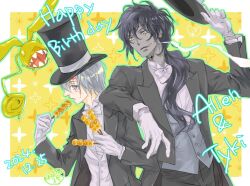  1other 2boys allen_walker arm_on_another's_shoulder black_hair black_hat black_pants black_suit blue_eyes blue_vest border bow bowtie cigarette colored_skin creature d.gray-man dango ear_piercing facial_mark food gloves golem_(d.gray-man) grey_hair grey_skin hair_between_eyes hair_over_shoulder happy_birthday hat holding holding_food holding_hat holding_unworn_clothes horns large_hat long_hair looking_at_another low_ponytail male_focus mature_male messy_hair mitarashi_dango mole mole_under_eye multiple_boys naocho_3 open_mouth outside_border pants piercing ponytail scar scar_on_face sharp_teeth shirt short_hair sidelocks smoke smoking star_(symbol) star_facial_mark suit sweat tail teeth timcanpy tyki_mikk vest wagashi white_border white_bow white_bowtie white_gloves white_shirt white_vest wings yellow_background yellow_eyes yellow_star 