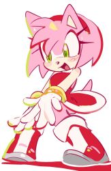 1girl :d amy_rose animal_ears animal_nose boots bracelet dress full_body furry furry_female gloves gold_bracelet green_eyes hairband hedgehog_girl jewelry looking_at_viewer open_mouth pink_fur pink_hair red_dress red_hairband red_shoes shoes short_tail simple_background smile solo sonic_(series) standing tail weon1119 white_background white_gloves 