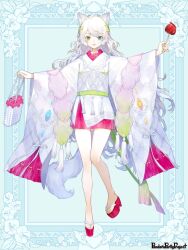  1girl :d animal_ears bag blue_background blue_eyes bow candy_apple cat_ears cat_girl cat_tail copyright_name food full_body green_bow hair_between_eyes hair_bow handbag heterochromia holding holding_bag holding_food japanese_clothes kao_o0 kimono kimono_skirt knees_together_feet_apart looking_at_viewer miniskirt obi okobo outstretched_arms pandora_party_project pink_skirt platform_sandals sandals sash short_kimono skirt smile solo spread_arms standing standing_on_one_leg tail tassel wavy_hair white_hair white_kimono wide_sleeves yellow_eyes 