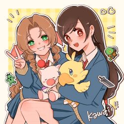  2girls aerith_gainsborough bare_legs black_hair blue_jacket blue_skirt blush brown_hair cardigan chocobo collared_shirt commentary_request doll drill_hair drill_sidelocks earrings feet_out_of_frame final_fantasy final_fantasy_vii green_eyes grin hair_ribbon heart highres holding holding_doll holding_stuffed_toy jacket jewelry long_hair long_sleeves looking_at_viewer low-tied_long_hair miniskirt moogle multiple_girls necktie noi_(noi28224) open_mouth parted_bangs pink_ribbon pleated_skirt red_eyes red_necktie ribbon sabotender school_uniform shirt sidelocks single_earring sitting skirt smile stuffed_toy swept_bangs tifa_lockhart tonberry v white_shirt 