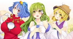  :p blonde_hair blue_hair blush breasts detached_sleeves frog_hair_ornament green_eyes green_hair hair_ornament hair_ribbon hair_tubes hand_on_own_chest hat highres kochiya_sanae long_hair moriya_suwako multiple_girls open_mouth red_eyes ribbon serizawa_mutsuki short_hair simple_background sleeveless sleeveless_shirt smile snake sweat tongue touhou white_snake yasaka_kanako yellow_eyes 