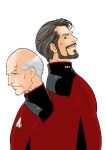  back-to-back bald beard black_hair blue_eyes facial_hair green_eyes jean-luc_picard multiple_boys nyan_co3 old_man star_trek uniform white_hair william_riker 