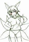  animal_ears blush buruma copyright_request fox_ears fox_tail kehukoete long_hair looking_at_viewer monochrome multiple_tails smile spot_color tail 