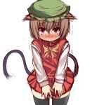  animal_ears black_legwear blush bow brown_hair cat_ears cat_tail chen earrings embarrassed face furagu hat highres jewelry miniskirt multiple_tails red_eyes sketch skirt solo tail tears thigh-highs thighhighs touhou zettai_ryouiki 
