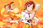  bike_shorts boots choker cure_sunny dress dual_persona fire gloves grin hair_bun hair_ornament hairclip hand_on_hip heart hino_akane looking_at_viewer magical_girl necktie open_mouth orange_(color) orange_background orange_dress orange_hair ponytail precure red_eyes red_hair school_uniform seven_(11) short_hair shorts_under_skirt skirt sleeves_rolled_up smile smile_precure! solo spatula sweater_around_waist thigh_boots thighhighs tiara white_legwear wink 