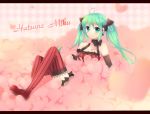  ahoge ao_ringo bare_shoulders character_name checkered checkered_background choker elbow_gloves gloves green_eyes green_hair hatsune_miku heart letterboxed mary_janes shoes sitting solo thigh-highs thighhighs twintails vertical-striped_legwear vertical_stripes vocaloid 