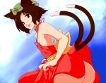 :p alternate_costume animal_ears ass bare_shoulders brown_eyes brown_hair cat_ears cat_tail chen collar dearmybrothers dress earrings flat_chest hat jewelry multiple_tails no_panties short_hair solo tail tongue touhou 