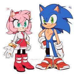  1boy 1girl aged_up alternate_costume amy_rose animal_ears animal_nose blue_fur boots bracelet commentary couple dress english_commentary furry furry_female furry_male furry_with_furry gloves gold_bracelet green_eyes hairband hedgehog_boy hedgehog_girl hetero highres husband_and_wife jacket jewelry kiioki11 looking_at_viewer pink_fur pink_hair red_boots red_dress red_hairband red_shoes ring scar shoes short_tail simple_background smile sonic_(series) sonic_the_hedgehog standing tail wedding_ring white_background white_gloves white_jacket 