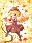  aki_minoriko arinu arm_up autumn_leaves black_legwear blonde_hair blush bow brown_dress cosplay dress food fruit grapes hair_ornament hat microphone microphone_stand mystia_lorelei mystia_lorelei_(cosplay) open_mouth outstretched_hand pantyhose pinky_out red_eyes shirt short_hair smile solo touhou vines wings wink 