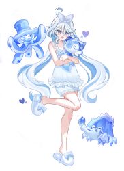  1girl ahoge blue_bow blue_eyes blue_hair blue_pupils blush bow commentary_request dress drop-shaped_pupils full_body furina_(genshin_impact) genshin_impact gentilhomme_usher hair_between_eyes heterochromia highres holding long_hair looking_at_viewer mademoiselle_crabaletta multicolored_hair open_mouth revision seolhae sleeveless sleeveless_dress slippers solo standing standing_on_one_leg streaked_hair surintendante_chevalmarin symbol-shaped_pupils very_long_hair white_dress white_hair white_slippers 