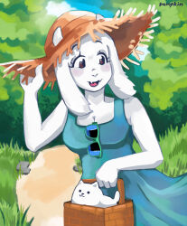  1girl 2024 2d alternate_costume animal annoying_dog anthro aqua_dress artist_name basket digital_media dog dress female floppy_ears fur furry furry_female goat goat_ears goat_girl goat_horns hat highres horns in_basket mammal monster monster_girl outdoors pumpkinpie6660 sleeveless sleeveless_dress summer sunglasses toriel undertale upper_body white_fur white_horns 