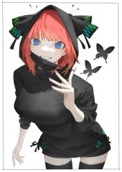  1girl alternate_costume black_border black_mask black_shirt black_thighhighs blue_eyes border breasts bug butterfly go-toubun_no_hanayome grin hooded_shirt large_breasts leaning_forward long_sleeves looking_at_viewer mask mask_pull medium_hair mi8pq mouth_mask nakano_nino red_hair shirt simple_background smile solo thigh-highs white_background zettai_ryouiki 