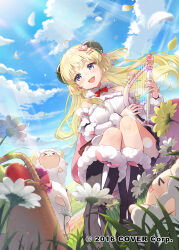  1girl :d ahoge animal_ears blonde_hair blue_sky bow bowtie breasts clouds commentary_request copyright_notice day detached_sleeves dress empire_waist falling_petals floating_hair fur-trimmed_dress fur-trimmed_sleeves fur_trim grass hair_ornament hairclip harp holding holding_instrument holoforce hololive horns instrument large_breasts long_hair mochidart official_art open_mouth outdoors petals red_bow red_bowtie sheep_ears sheep_girl sheep_horns sheep_tail short_dress sitting sky sleeveless sleeveless_dress smile solo tail tsunomaki_watame tsunomaki_watame_(1st_costume) underbust violet_eyes virtual_youtuber watamate white_dress 