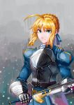  ahoge armor armored_dress blonde_hair blue_eyes dress excalibur fate/stay_night fate_(series) gauntlets hair_ribbon nagi_itsuki ribbon saber smile snowing solo sword weapon 