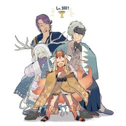  2boys 2girls ^_^ beard_stubble black_socks clawed_feet closed_eyes closed_mouth duryodhana_(fate) earrings facial_hair fangs fate/grand_order fate_(series) full_body green_eyes hand_on_own_chin haori headband highres holy_grail_(fate) ibaraki_douji_(fate) japanese_clothes jewelry long_hair long_sleeves looking_at_viewer louhi_(fate) louhi_(second_ascension)_(fate) medium_sideburns mittens multiple_boys multiple_girls nagakura_shinpachi_(fate) open_mouth purple_hair purple_socks scar scar_on_cheek scar_on_face scarf shinsengumi short_hair short_sleeves simple_background single_earring slippers smile smug socks striped_clothes striped_socks stroking_own_chin stubble sweatdrop tkndddd very_long_hair white_background 