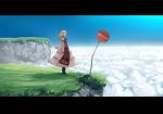  blonde_hair boots cloud dress garnet highres letterboxed no_hat no_headwear road_sign scenery sign smile solo tabard touhou yakumo_yukari 