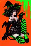  black_hair black_wings blood blood_on_face dress elbow_gloves flower gloves hat hat_flower highres moriko06 orange_background original pink_eyes red_rose rose scar solo striped striped_legwear thigh-highs thighhighs tongue wings witch_hat 