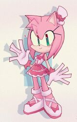  1girl amy_rose amy_rose_(valentines) amyrosesimp1 animal_ears animal_nose commentary dress english_commentary furry furry_female gloves green_eyes hat hedgehog_girl highres lolita_fashion looking_at_viewer mini_hat mini_top_hat official_alternate_costume pink_fur short_tail smile solo sonic_(series) sonic_speed_simulator standing sweet_lolita tail top_hat waving white_dress white_gloves 