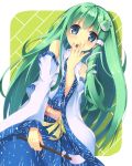  absurdres bare_shoulders blue_eyes breasts detached_sleeves frog frog_hair_ornament gohei green_hair hair_ornament hair_tubes highres kochiya_sanae long_hair looking_at_viewer midriff navel open_mouth skirt snake solo touhou 