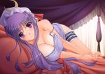  alternate_costume bed blush bow breasts canopy_bed chiro cleavage crescent garters hair_bow hat large_breasts leg_garter long_hair looking_at_viewer lying on_bed on_side patchouli_knowledge pillow purple_eyes purple_hair smile solo strap_slip touhou violet_eyes 