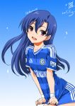  blue_hair chelsea_fc idolmaster inoue_sora kisaragi_chihaya leaning_forward long_hair open_mouth purple_eyes smile soccer_uniform sweatband violet_eyes 