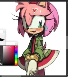  1girl adapted_costume amy_rose animal_ears animal_nose art_program_in_frame averting_eyes blush bracelet commentary cowboy_shot dress english_commentary furry furry_female gloves gold_bracelet green_eyes green_jacket hairband hedgehog_girl jacket jewelry long_sleeves open_clothes open_jacket open_mouth pink_fur pink_hair red_dress red_hairband refresqito short_hair short_tail simple_background smile solo sonic_(series) standing sticker_on_face tail white_background white_gloves 