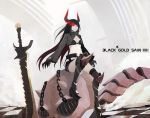  black_gold_saw black_hair black_rock_shooter boots chain chains character_name elrowa glowing glowing_eyes highres horns long_hair looking_at_viewer midriff navel pale_skin red_eyes shorts sitting skull solo sword thighhighs weapon 