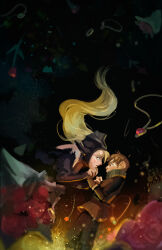  1boy 1girl artzel19 black_hood blonde_hair brown_eyes brown_gloves brown_hair chilchuck_tims commentary dungeon_meshi english_commentary fingerless_gloves gloves green_eyes green_scarf highres holding_hands interlocked_fingers long_hair marcille_donato marcille_donato_(lord) necktie scarf unworn_necktie 