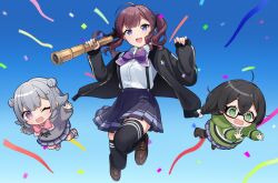  :d ;d ahoge binchou_maguro black_hair black_jacket black_pantyhose black_ribbon blue_background blue_skirt blunt_bangs boots bow bowtie braid brown_boots brown_hair brown_shoes cevio chibi collared_shirt commentary_request confetti double-parted_bangs double_bun gradient_background green_eyes green_hoodie grey_hair grey_hoodie hair_between_eyes hair_bow hair_bun hair_ornament hair_ribbon hairclip hanakuma_chifuyu hands_up holding hood hood_down hoodie jacket koharu_rikka long_hair long_sleeves looking_at_viewer natsuki_karin one_eye_closed open_clothes open_jacket open_mouth pantyhose pink_bow pink_bowtie pink_shoes pleated_skirt purple_bow purple_bowtie ribbon shirt shoes short_hair simple_background skirt smile socks spyglass suspender_skirt suspenders synthesizer_v twintails violet_eyes white_bow white_shirt white_socks 