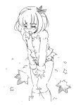  aki_shizuha blush closed_eyes covering covering_crotch dissolving_clothes kehukoete monochrome no_pants panties short_hair sketch solo tears torn_clothes touhou underwear v_arms wince 