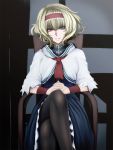  &gt;:) alice_margatroid armchair ascot bad_id bangs black_legwear blonde_hair blue_dress blue_eyes capelet crossed_legs dress grin hairband hands_clasped head_tilt indoors legs legs_crossed looking_at_viewer otouto_(caster5) pantyhose short_hair sitting smile solo touhou wristband 