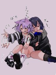  >_< 2girls :3 animal_ears black_boots black_cardigan black_choker black_hair black_jacket black_shoes boots bow_legwear cardigan cat_ears choker closed_eyes crossed_bangs double-parted_bangs fur-trimmed_jacket fur_trim hair_between_eyes hair_ornament hair_ribbon hairpin highres hug hug_from_behind ichinose_uruha ichinose_uruha_(4th_costume) jacket kou_hei_(takasr_kou) mary_janes motion_lines multiple_girls open_mouth parted_bangs platform_shoes purple_hair ribbon shinomiya_runa shinomiya_runa_(1st_costume) shoes simple_background single_off_shoulder sitting socks spaghetti_strap struggling two_side_up virtual_youtuber vspo! wariza white_chemise white_socks x_hair_ornament 